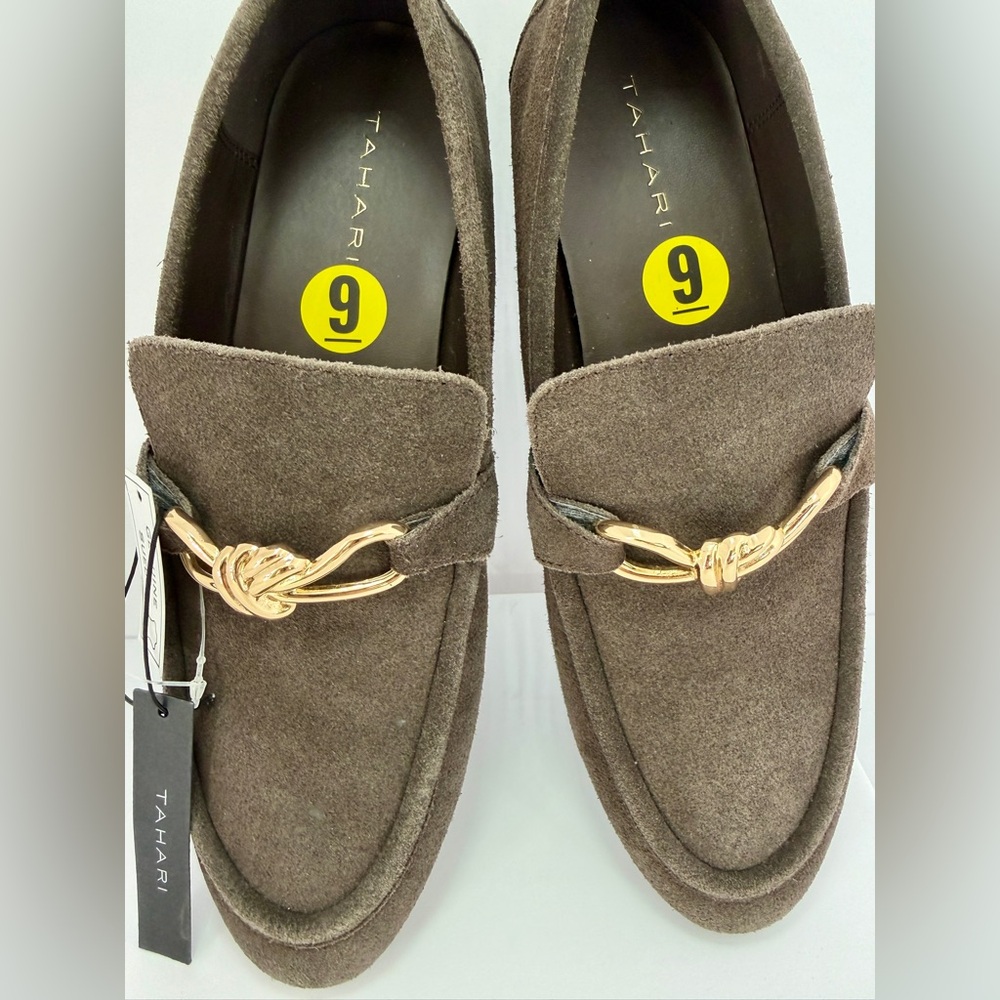 Tahari Dark Brown Suede Loafers Gold Horsebit Slip On Flats Women’s Size 9 NWT - Picture 5 of 7